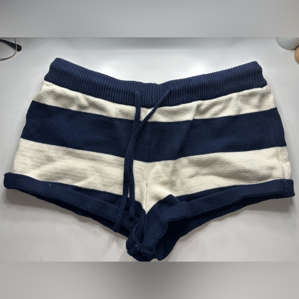 Edikted Navy and Cream Striped Knit Shorts